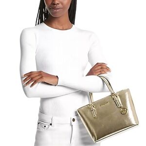 Michael Kors Jet Set Metallic Gold Carryall Tote Convertible Crossbody Bag NWT